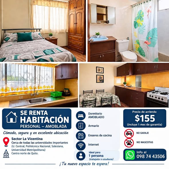 Habitación amoblada en arriendo en La Vicentina